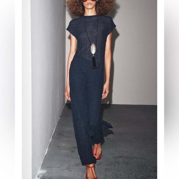 Zara Dresses & Skirts - Zara 2 pieces Wrinkle Effect Fine Knit Midi Dress w/Matching Pants Navy Blue NWT